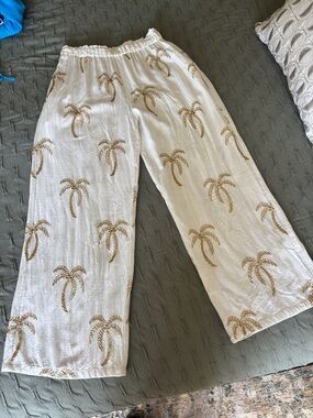 Surf Gypsy White Palm Print Wide-Leg Coverup Pants in Gold
